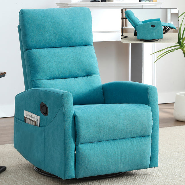 Manual Recliner Chair with Rocker and Swivel in Fabric with Blue