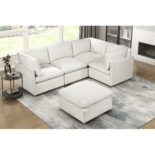 Modern Beige Fabric 5-Piece Modular Sectional with Ottoman Upholstered Durable Solid Wood Living Room Furniture