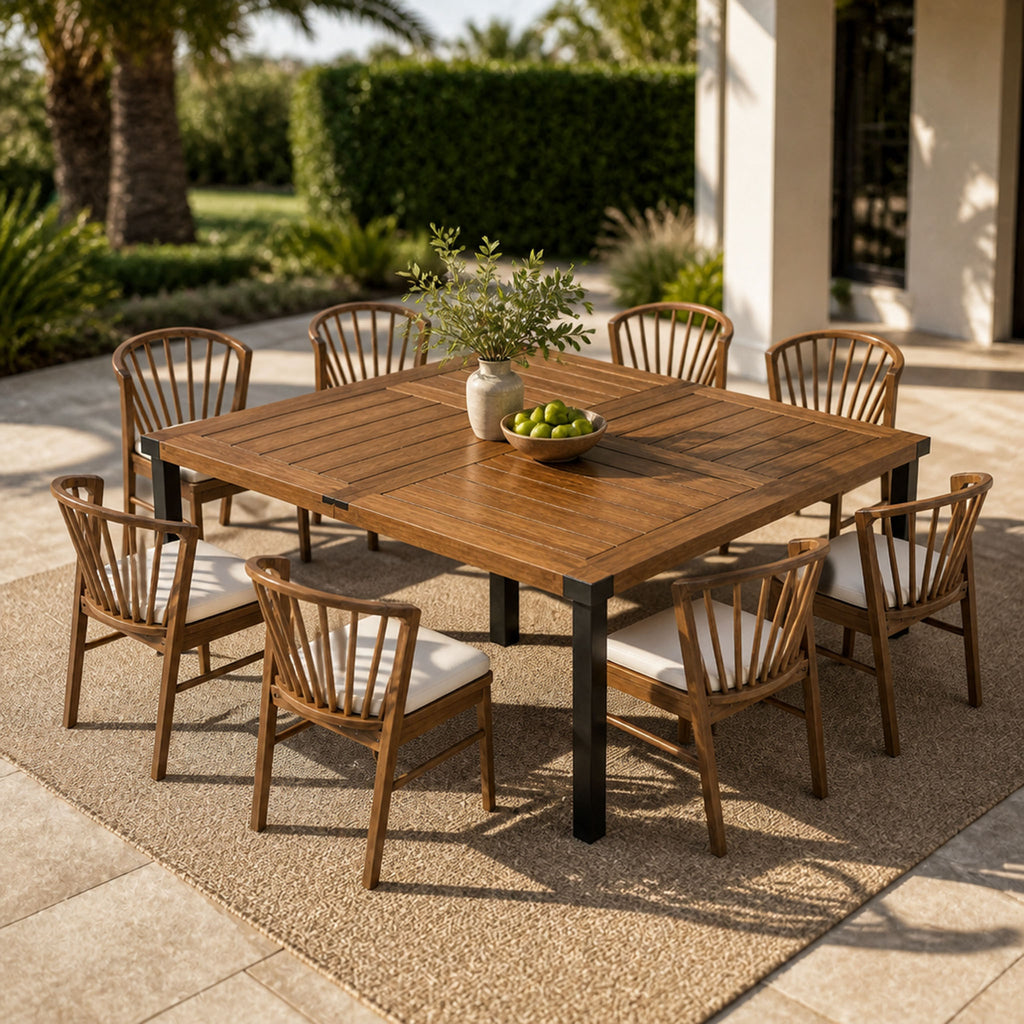 9‑Piece Acacia Wood Outdoor Dining Set, 64' Square Teak Finish Wood Table and 8 PCS Windsor Slat‑Back Dining Chairs with Cream Cushions, Patio Furniture Set for Backyard Garden Deck