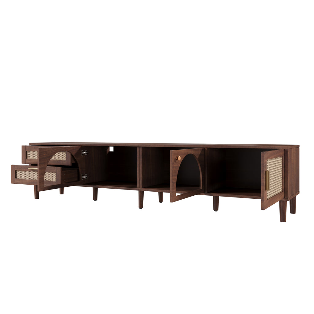 Modern 86 inch TV Stand for TVs up to 90 inches, Dark Brown Rattan Design with App-Controlled LED Lights, 2 Drawers & Glass Door Storage, MDF and Solid Wood Media Console