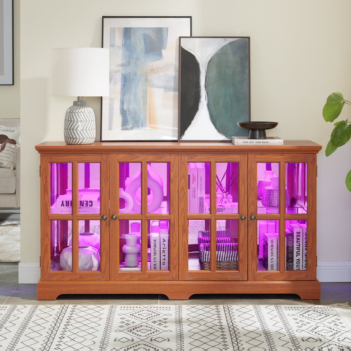 Vintage LED Curio Display Cabinet - Antique Glass Door Showcase with Adjustable Shelves for Collectibles, Four-Door Design Ideal for Home or Office Décor-OAK