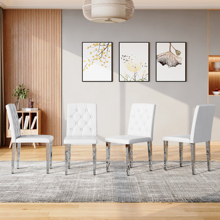 4-pack white PU dining chairs: ergonomic buckle backrest, 35 inches high, silver metal legs,Combines Comfort and Texture.Perfectly suitable for family dining rooms,hotel banquet halls,etc.