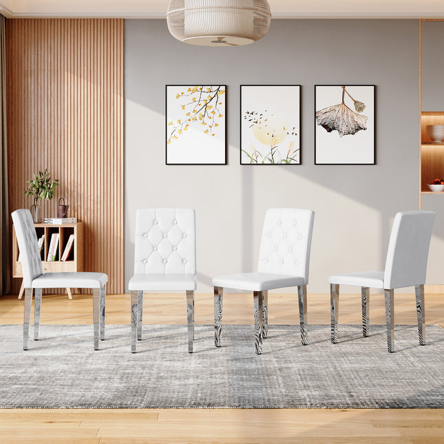 4-pack white PU dining chairs: ergonomic buckle backrest, 35 inches high, silver metal legs,Combines Comfort and Texture.Perfectly suitable for family dining rooms,hotel banquet halls,etc.