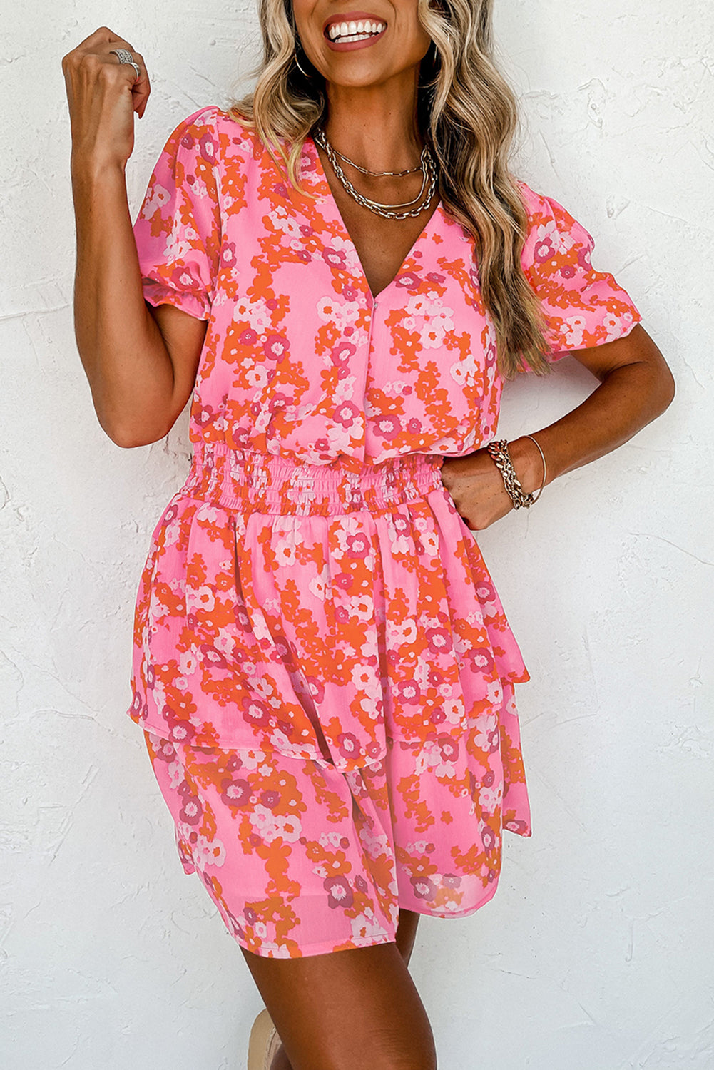 Pink Floral V Neck Short Ruffle Tiered Dress - Eloy Royal