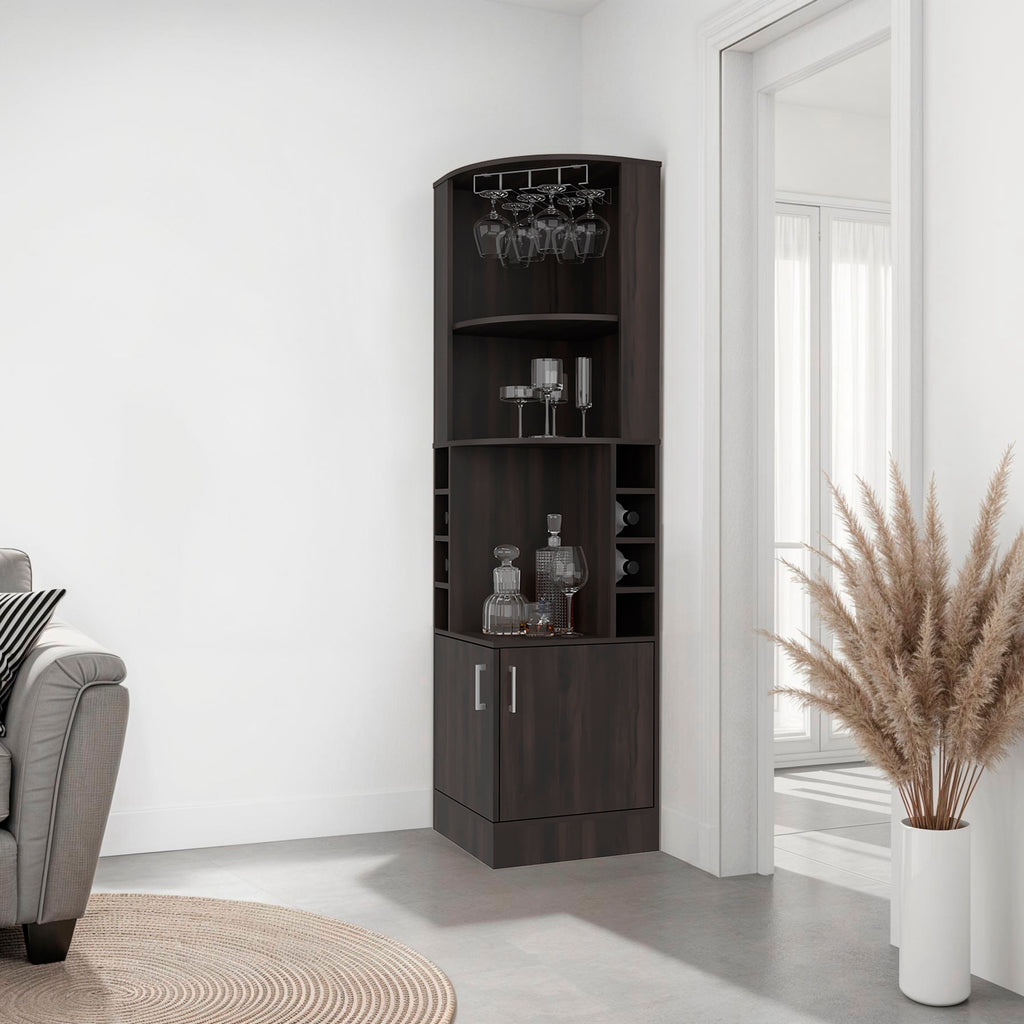 Page Corner Bar Cabinet with Wine Storage and Glass Rack, Stained Walnut