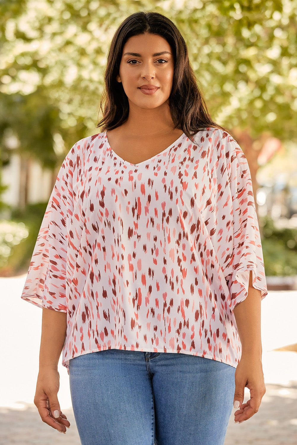 Pink Elegant Polka Dots 3/4 Dolman Sleeve Plus Size Blouse - Eloy Royal