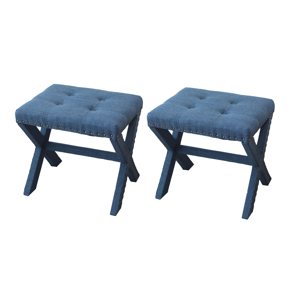 Accent Stool, Tufted Linen Upholstered Chair, X-Base Wood Seat with Nailhead Trim, 17'D x 19'W x 17'H, 300 lbs Capacity