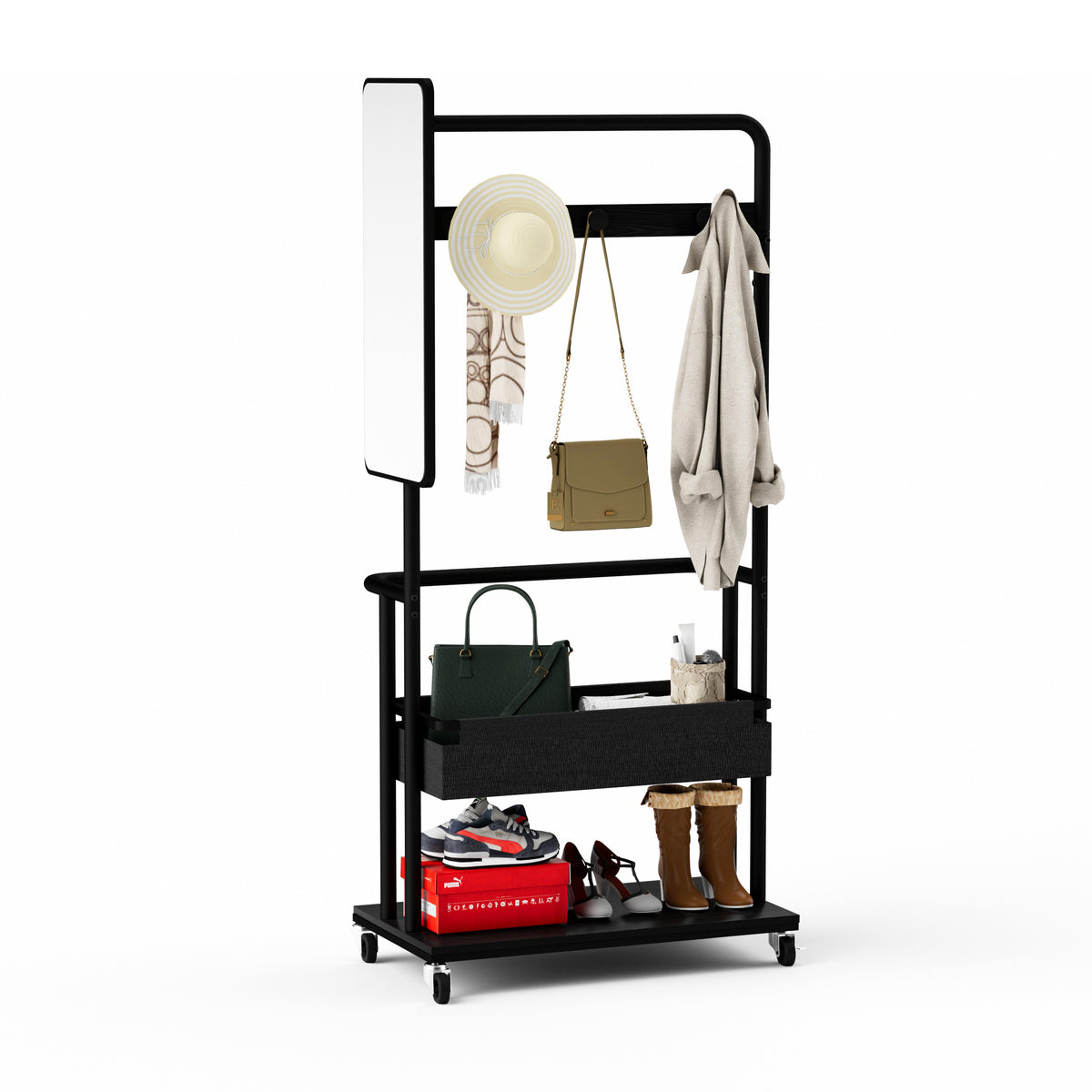 Sturdy metal coat rack with casters, 3-in-1 design, includes a basket and mirror, hanging coat rack, mobile coat rack with casters, large storage capacity, Black, 27.6″L x15.7'W x 67.0'H