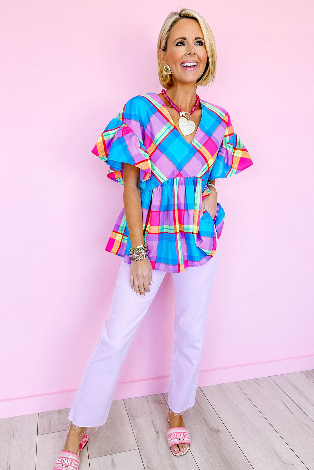 Sky Blue Colorful Plaid V Neck Ruffled Babydoll Blouse - Eloy Royal