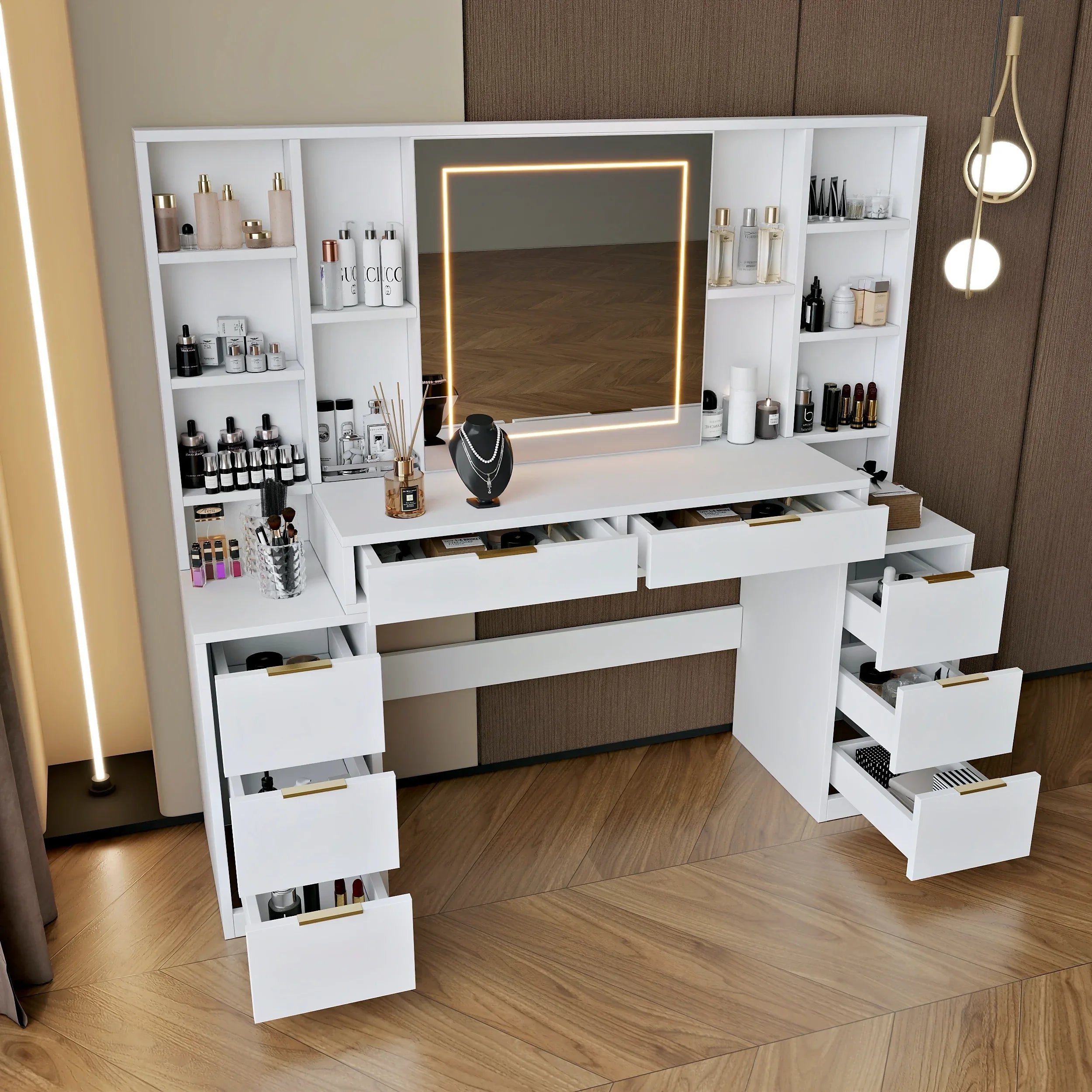 Makeup Vanity Desk with Mirror and Lights, 59' Large Vanity Table with 8Drawers & Open Storage Shelves, Brightness Adjustable, Dressing Table for Bedroom, Women and Girl - Eloy Royal