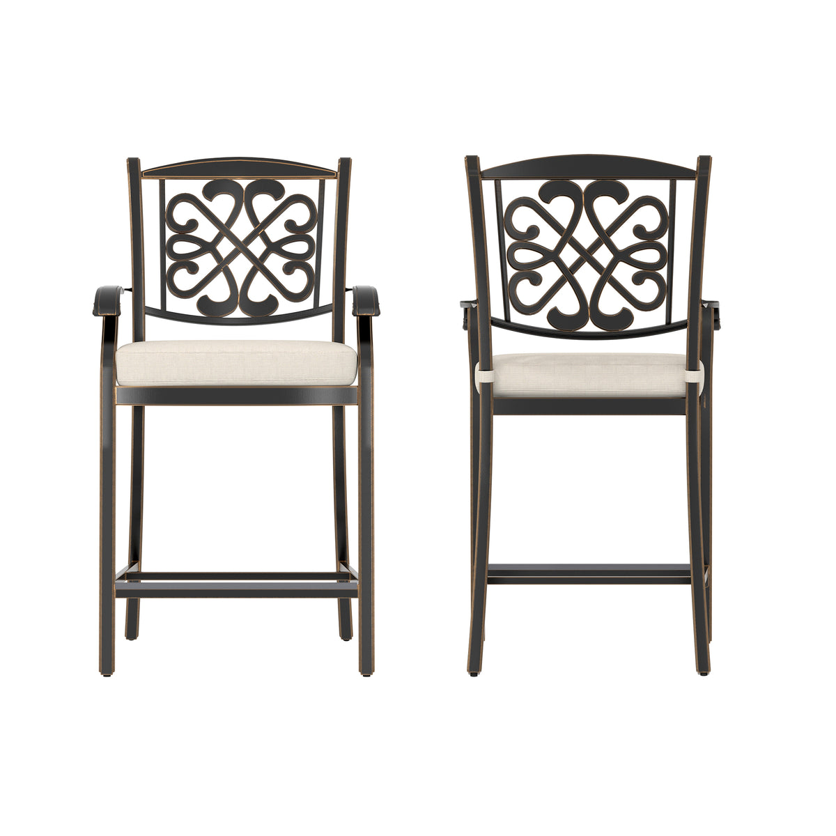 4 Pieces Cast Aluminum Diamond-Mesh Curved Backrest Dining Bar High Chairs (Beige)