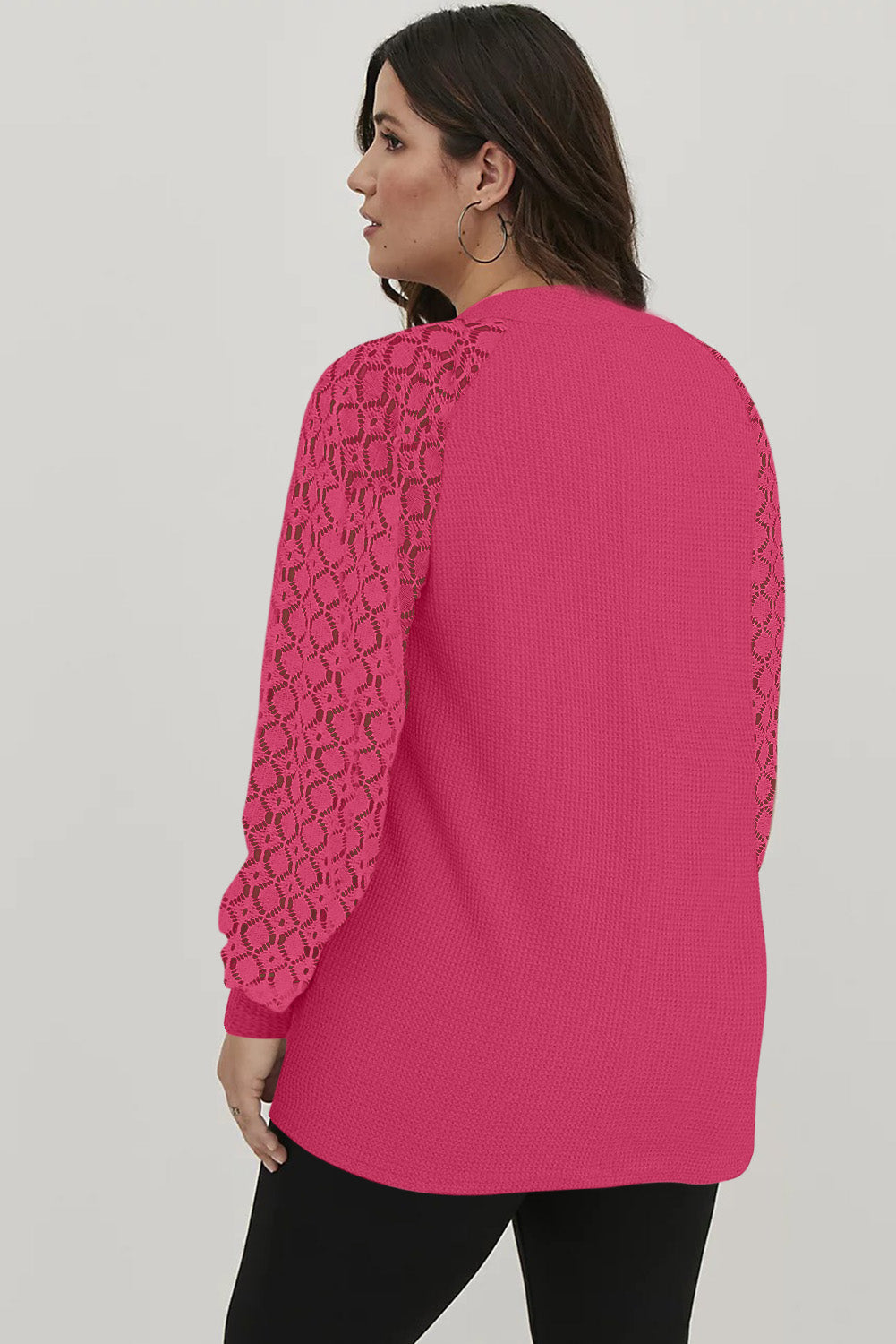 Strawberry Pink Plus Size Contrast Lace Sleeve Waffle Knit Top - Eloy Royal