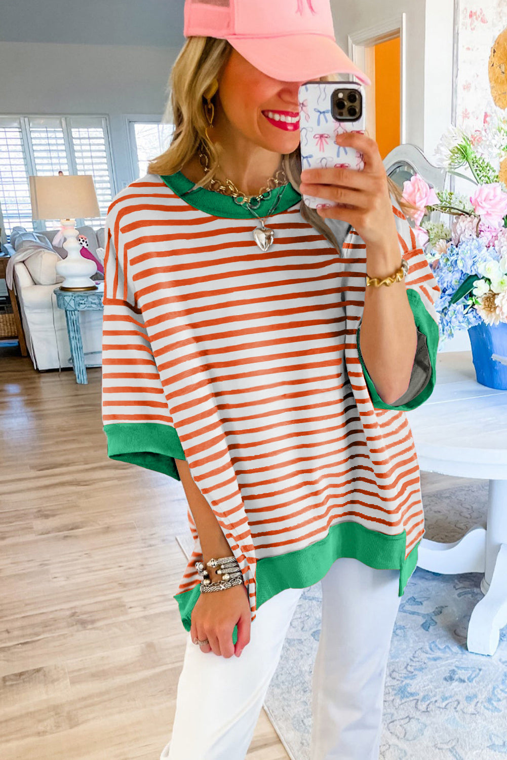 Pink Stripe Colorblock Drop Sleeve Loose Top - Eloy Royal