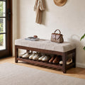 Solid Wood Entryway Bench, Solid Rubber Wood Shoe Bench with Padded Cushion and Lower Shoe Rack, Upholstered Storage Bench for Foyer Hallway Living Room