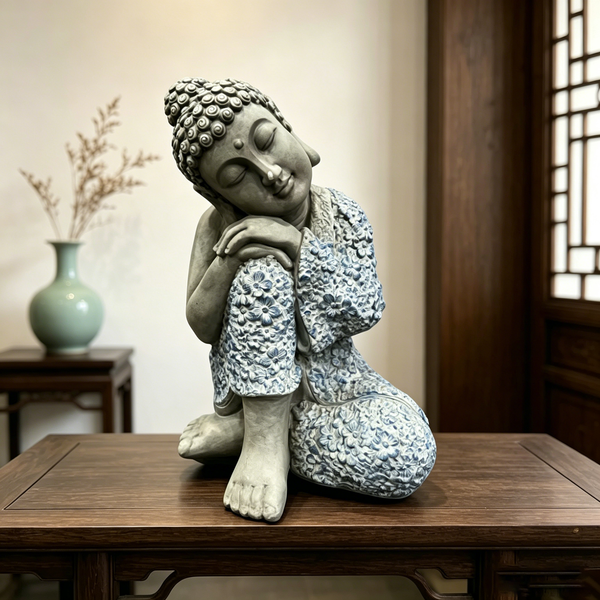 Serene Sleeping Buddha Statue, 16.34' Tall Resin Meditating Buddha Figurine, Weatherproof Zen Decor for Patio, Backyard & Home Meditation Space