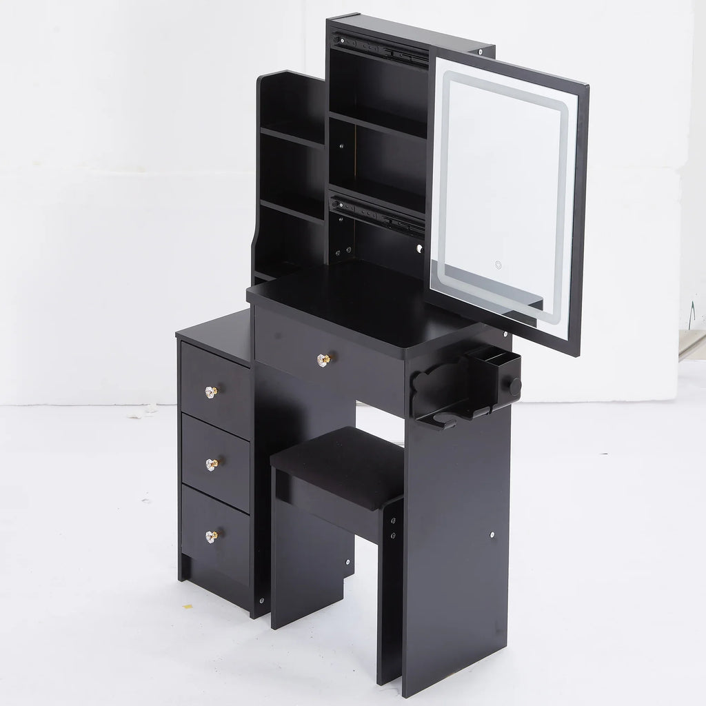 29.2' Small Size Left Bedside Cabinet Vanity Table + Cushioned Stool, 2 AC+2 USB Power Station, Hair dryer bracket, Extra Large Touch Control Sliding LED Mirror, Tri-color Switching, Brightness Adjust - Eloy Royal