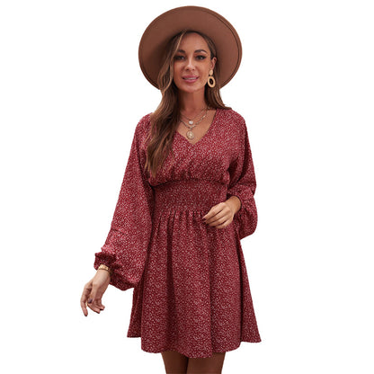 Polka Print Long Sleeve Dress V Neck Lantern Sleeve Pleated Waist Slim A-line Dress Women's Clothing