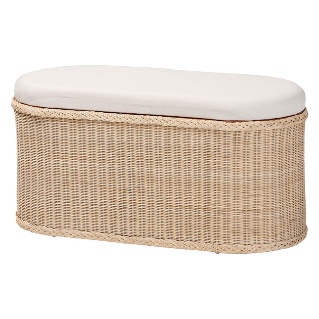 Braided Natural Rattan Storage Bench with Cushioned Lift-Top Lid - Coastal Boho Style Chest for Bedroom, Entryway, or Living Room Organization, Natural, 39' Oval