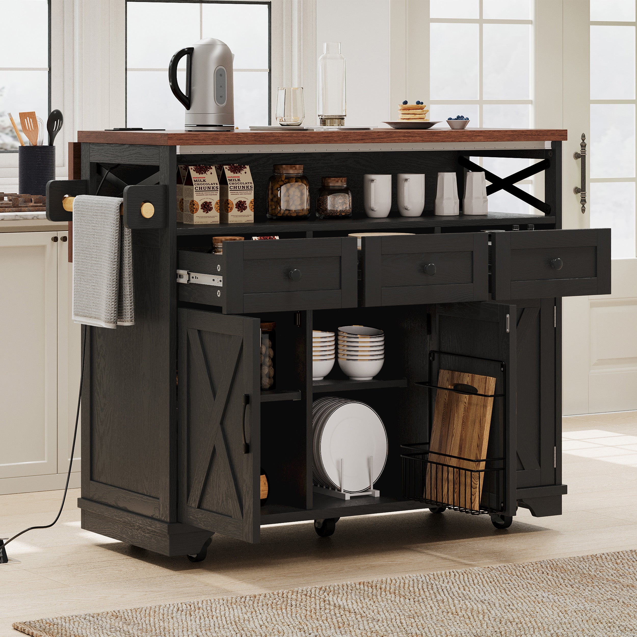 K&K 46.5'' Farmhouse Kitchen Island with Drape of Beads, Power Outlet, Rolling Kitchen Cart on Wheels with Drop Leaf, 3 Doors , 3 Drawers and Internal Iron Shelf, for Kitchen, Dining Room, Black
