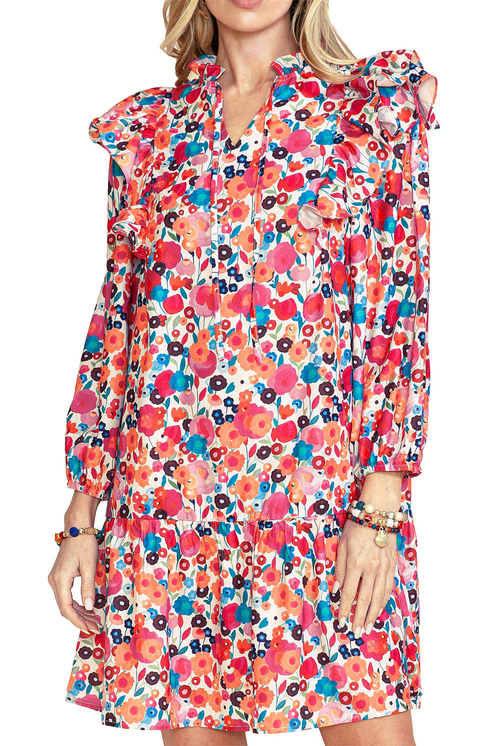 Multicolor Floral Print V Neck Ruffle Boho Mini Dress - Eloy Royal