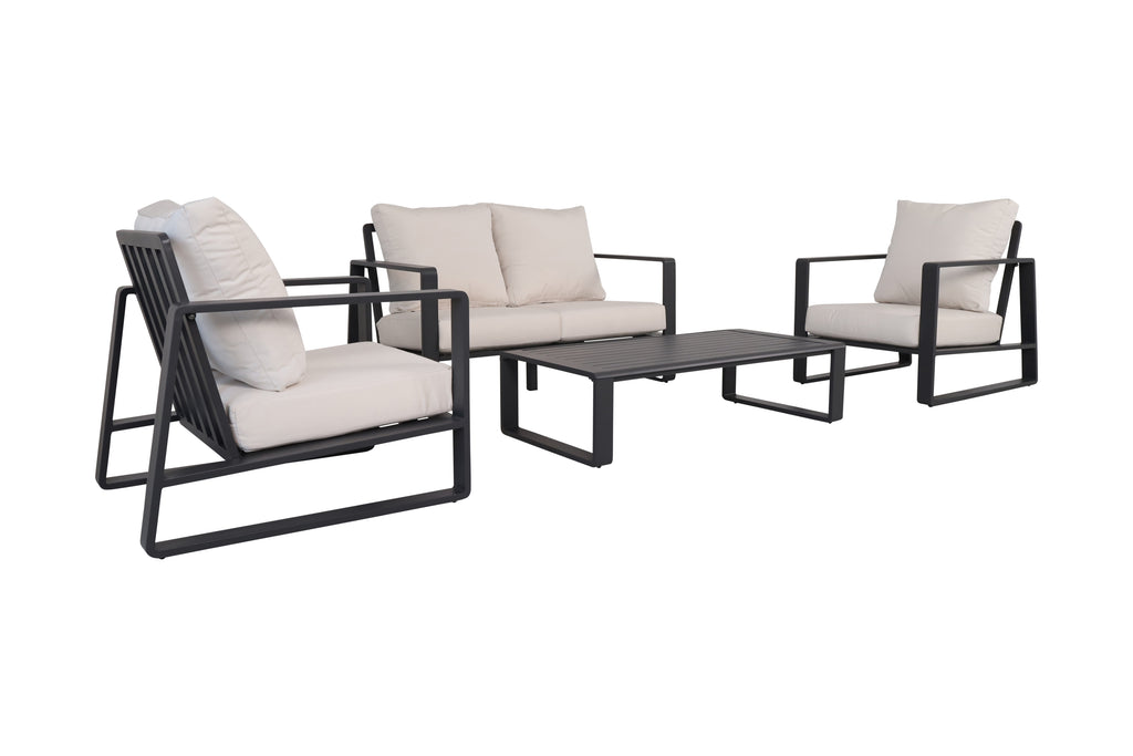 Luxury 4-piece Dark Gray Aluminum Patio Furniture Set - Light Gray Cushions, Loveseat, Armchairs, And Coffee Table