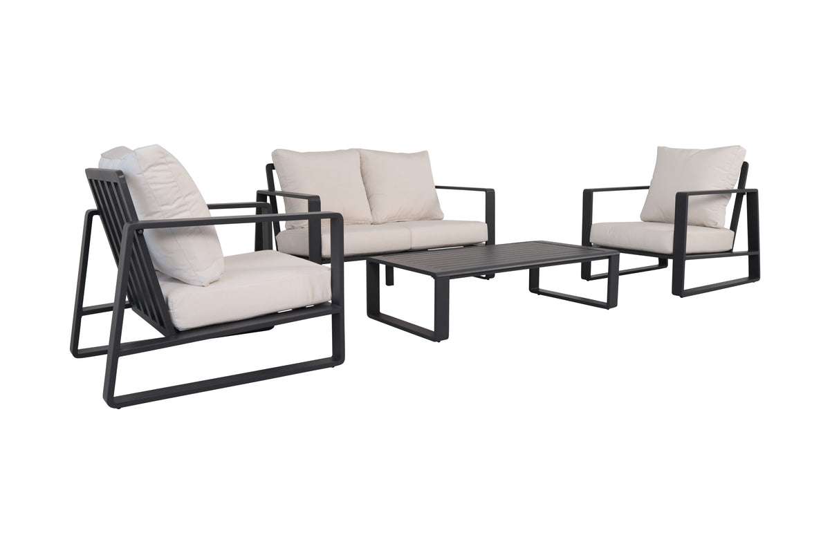 Luxury 4-piece Dark Gray Aluminum Patio Furniture Set - Light Gray Cushions, Loveseat, Armchairs, And Coffee Table