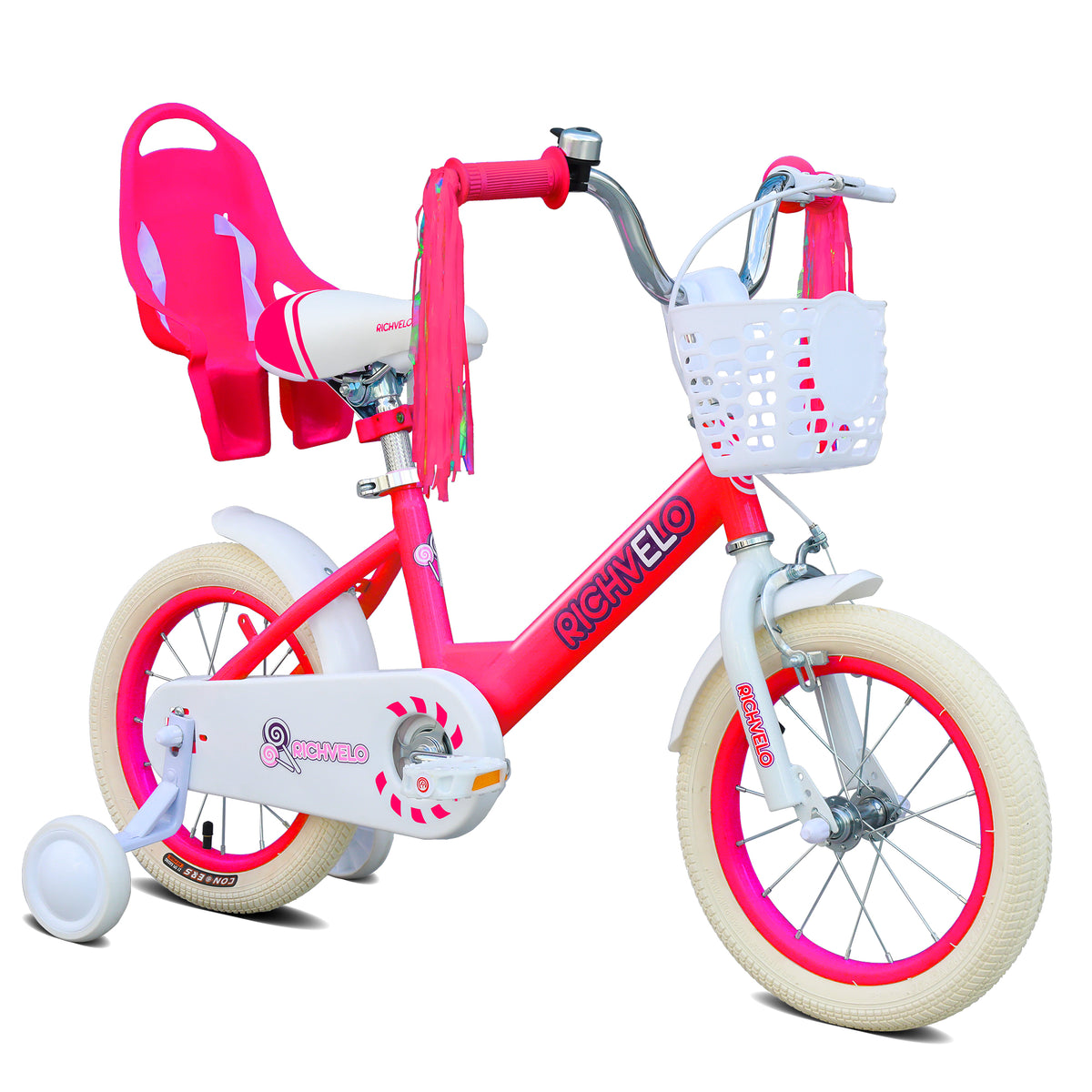 A1202 Kids Bike for Girls 12 14 16 Inch with Training Wheels, Adjustable Seat, Front Basket, Doll Seat & Colorful Streamers, Toddler Bicycle for 2-7 Years Old, Red Kids' Bikes for Birthday Gift
