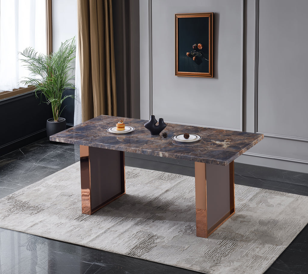 Faux Marble MDF Dinning Table for 6 or 8,Rectangular 70.8'L*35.4'W*29.8'H, Luxurious Rocky Stone Effect Top Stainless Steel Legs Modern, Durable, Easy to Assemble for Kitchen/Living Room/Meeting Brown