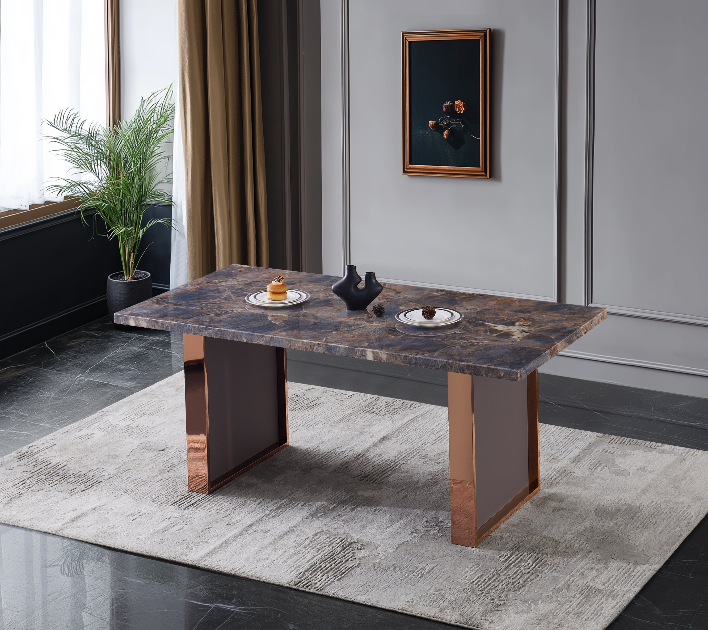 Faux Marble MDF Dinning Table for 6 or 8,Rectangular 70.8'L*35.4'W*29.8'H, Luxurious Rocky Stone Effect Top Stainless Steel Legs Modern, Durable, Easy to Assemble for Kitchen/Living Room/Meeting Brown