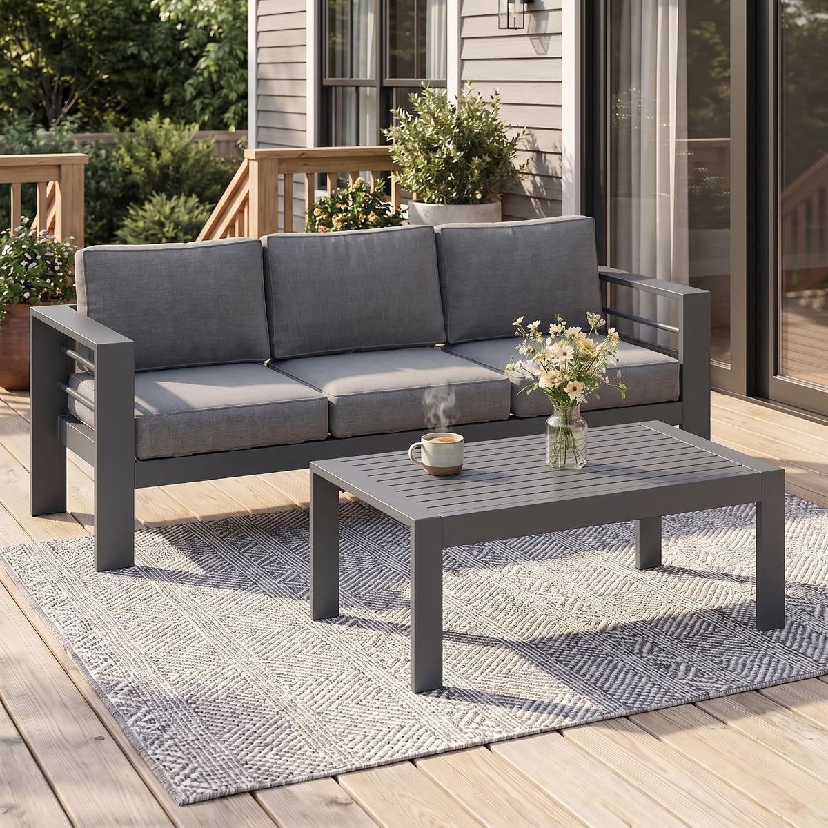 Metal Patio Furniture Set for All Weather, Oversized Heavy Duty Outdoor Furniture Set with Upgraded Cushion, Modern Outdoor Patio Couch Set for Garden, Balcony, Backyard, Dark Grey