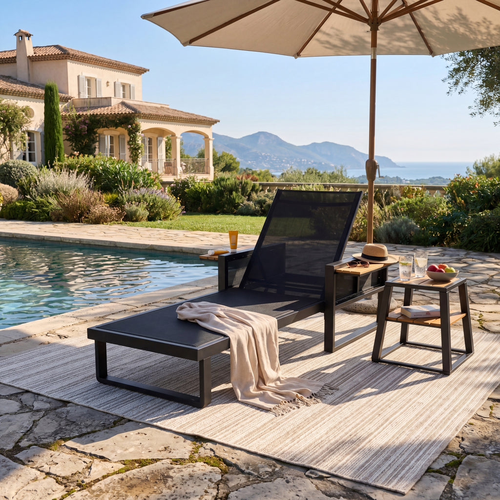 Black Iron + Teak Finish 2-Piece Patio Set: Chaise Lounge + Side Table, 400 lbs Textilene Recliner with Foldable Armrests + 30 lbs 2-Tier Acacia Wood Table for Poolside Backyard