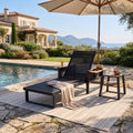 Black Iron + Teak Finish 2-Piece Patio Set: Chaise Lounge + Side Table, 400 lbs Textilene Recliner with Foldable Armrests + 30 lbs 2-Tier Acacia Wood Table for Poolside Backyard