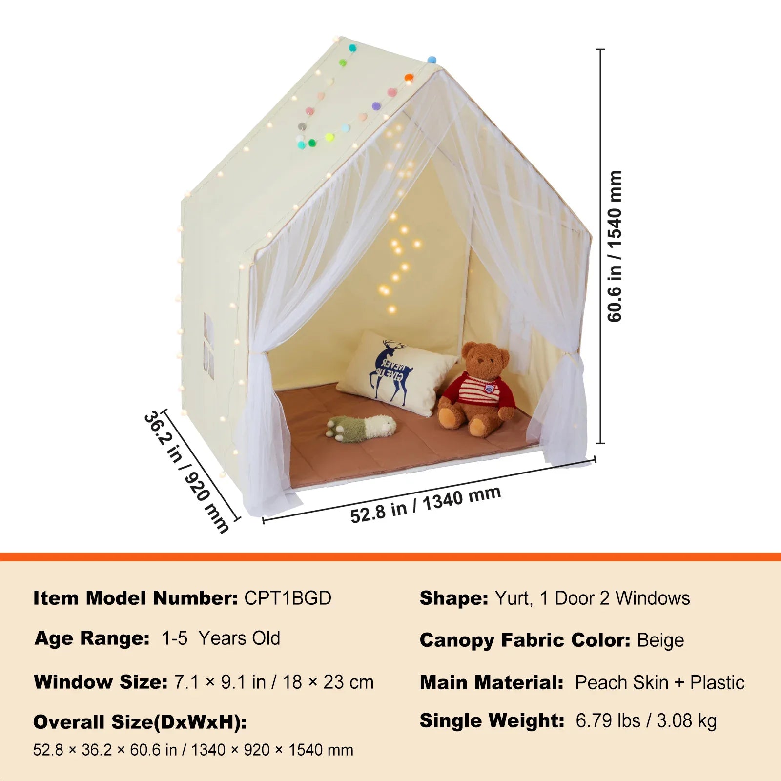 Kids Play Tent, Kids Tent for Kids 1-5 Years Old, Toddler Tent with Mat and Tent Lamp, Tent for Kids with Windows for Indoor and Outdoor, Yurt Tent for Boys and Girls, Beige - Eloy Royal