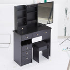 37' Middle Size Left Drawer Desktop Vanity Table + Cushioned Stool, Extra Large Right sliding mirror, Multi Layer High Capacity Storage, Practical Fashionable Dresser, Suitable For Large Space - Eloy Royal