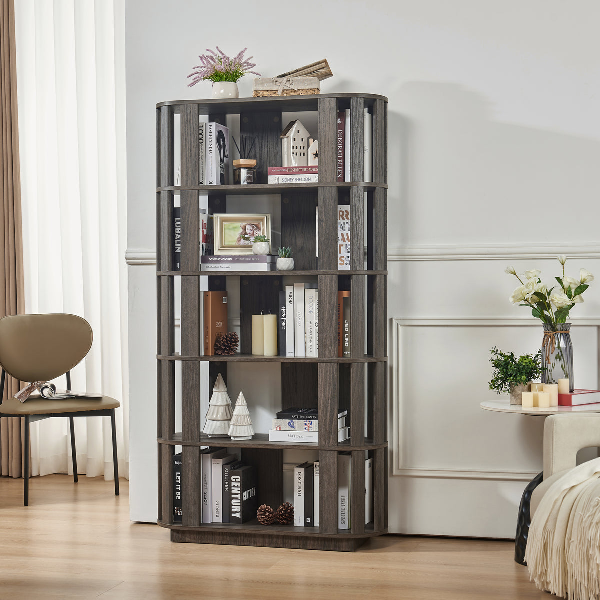 Wooden Oval Open Bookshelf, MDF Grid Frame Freestanding Bookcase, 5-Tier Easy Assembly Storage Display Rack for Living Room Home Office Decor, DIY Free Combination Storage Cabinet Study Room