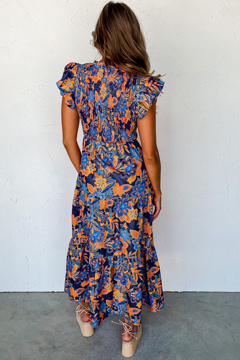 Dark Blue Boho Floral V Neck Ruffle Tiered Long Dress - Eloy Royal