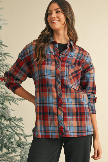 Red Plaid Print Drop Sleeve Loose Shirt