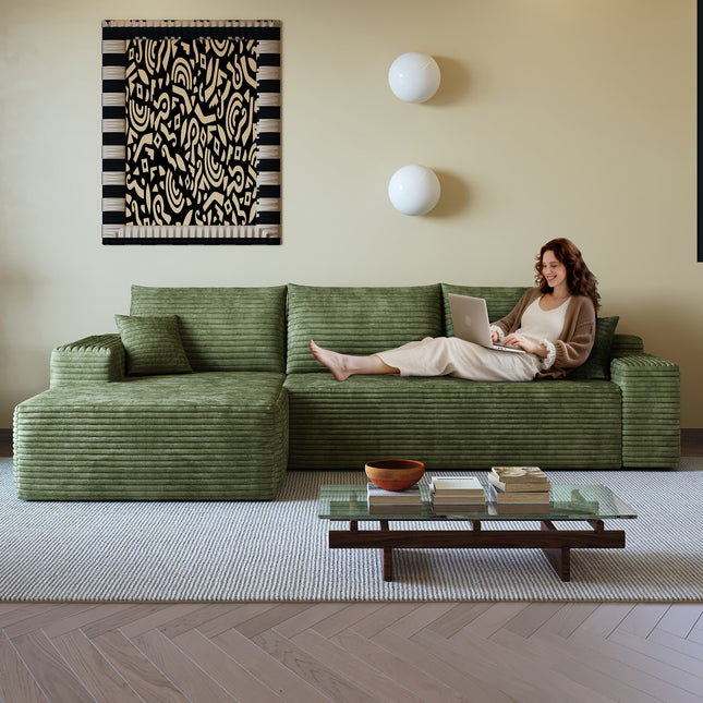 107' Cloud Sectional Couch with L-Shape Chaise,Modern Modular Sofa with Deep Seat, Upholstered Couches for Living Room Bedroom,No Assembly Required, (Plush Corduroy Fabric),Green