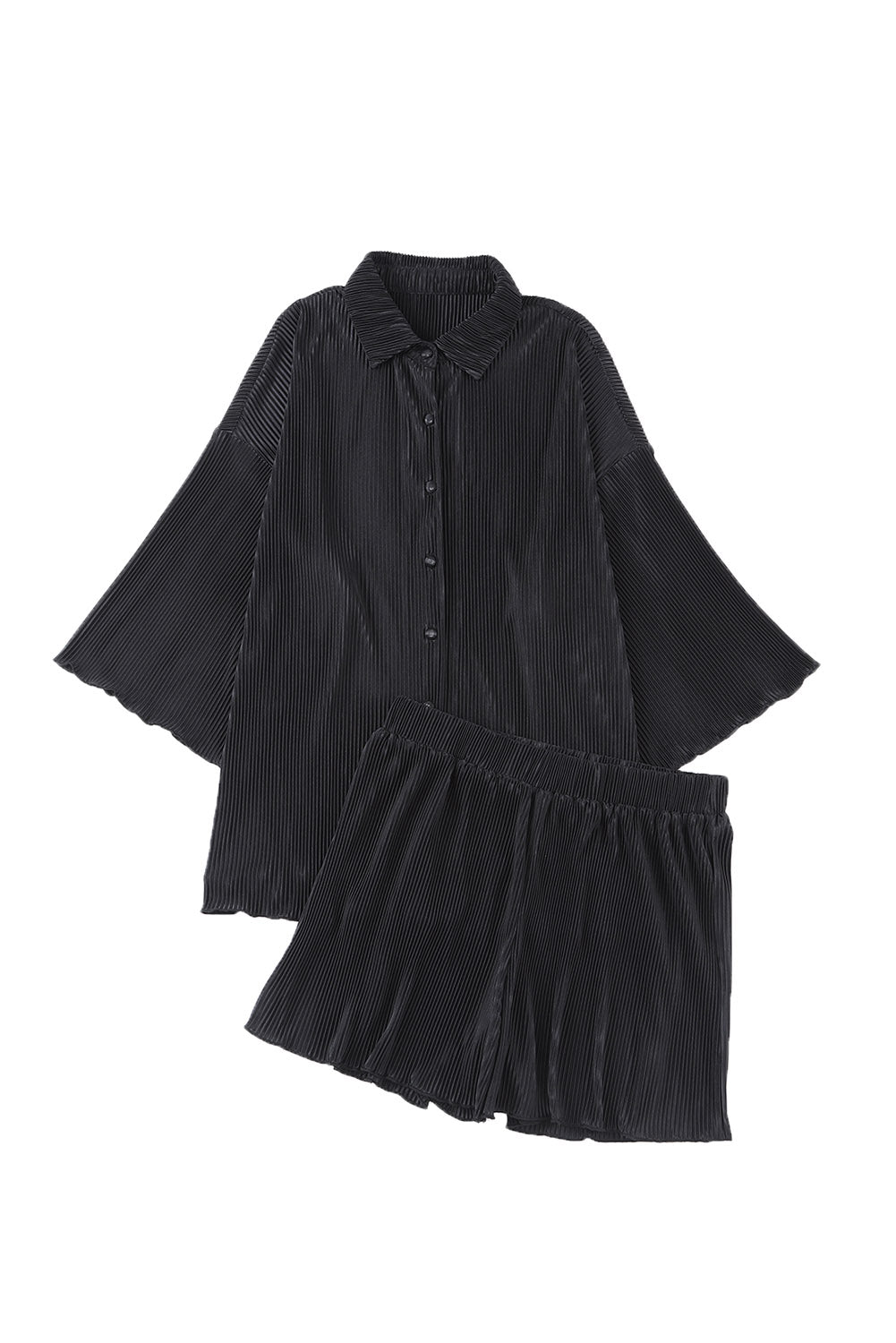 Rose Pleated Button Up Shirt and High Waisted Shorts Loungewear Set - Eloy Royal