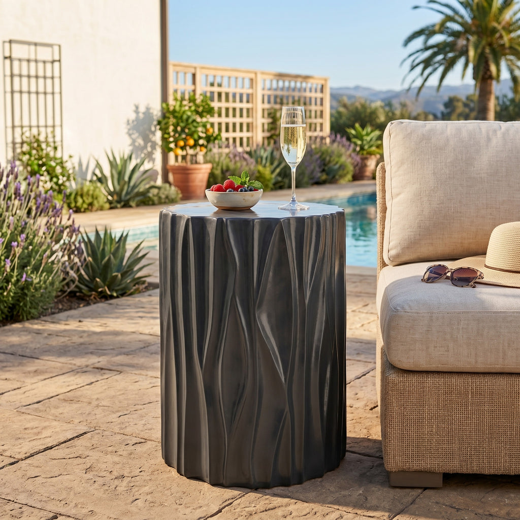 Black Wave Textured MGO Cylindrical Side Table, Pre-Assembled Non-KD Accent End Table, 66 LBS Weight Capacity, Indoor & Outdoor Multi-Use Stool Table for Living Room Patio Balcony