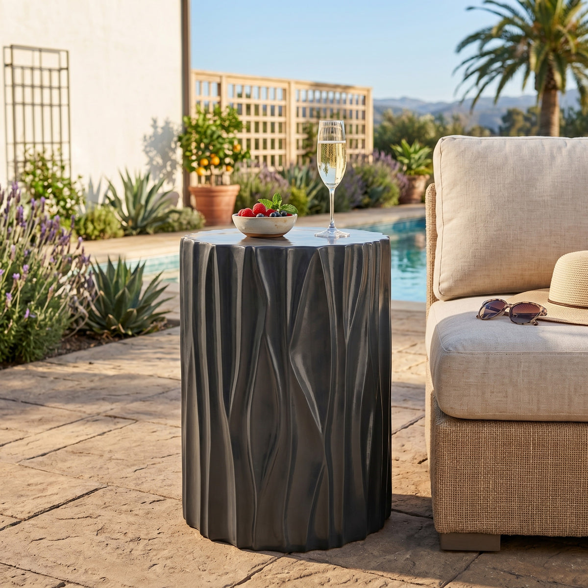 Black Wave Textured MGO Cylindrical Side Table, Pre-Assembled Non-KD Accent End Table, 66 LBS Weight Capacity, Indoor & Outdoor Multi-Use Stool Table for Living Room Patio Balcony