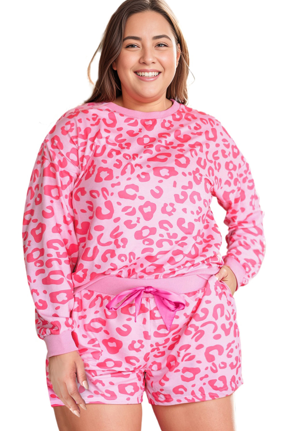 Pink Leopard Long Sleeve Satin Tie Shorts Plus Size Outfit - Eloy Royal