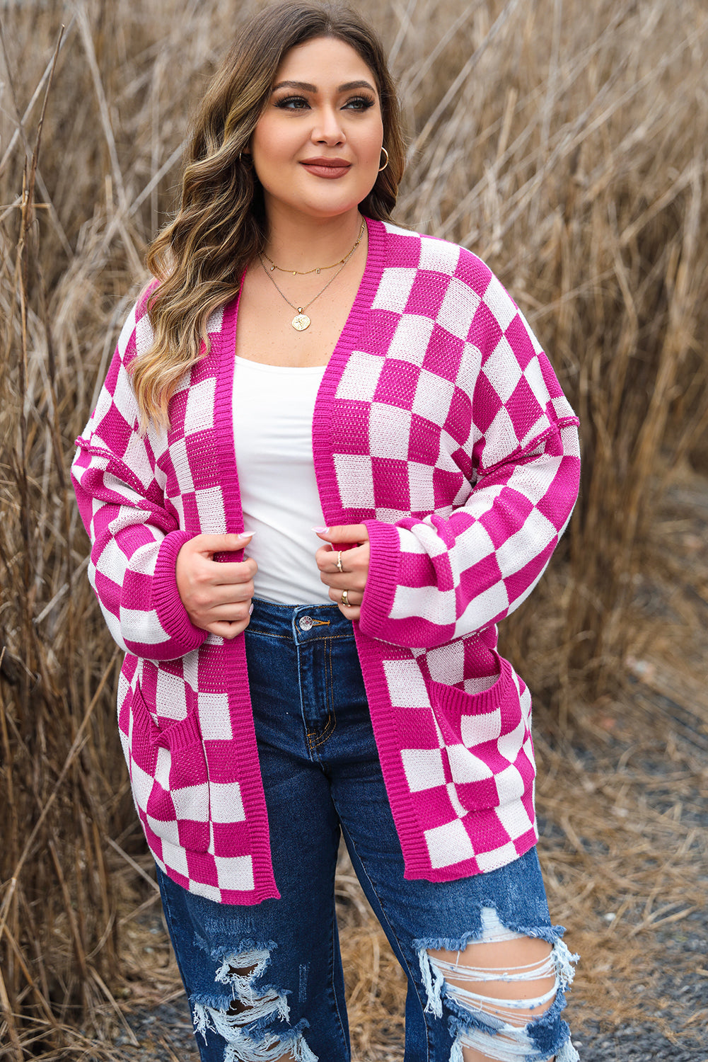 Bonbon Checkered Pattern Open Front Plus Size Cardigan - Eloy Royal