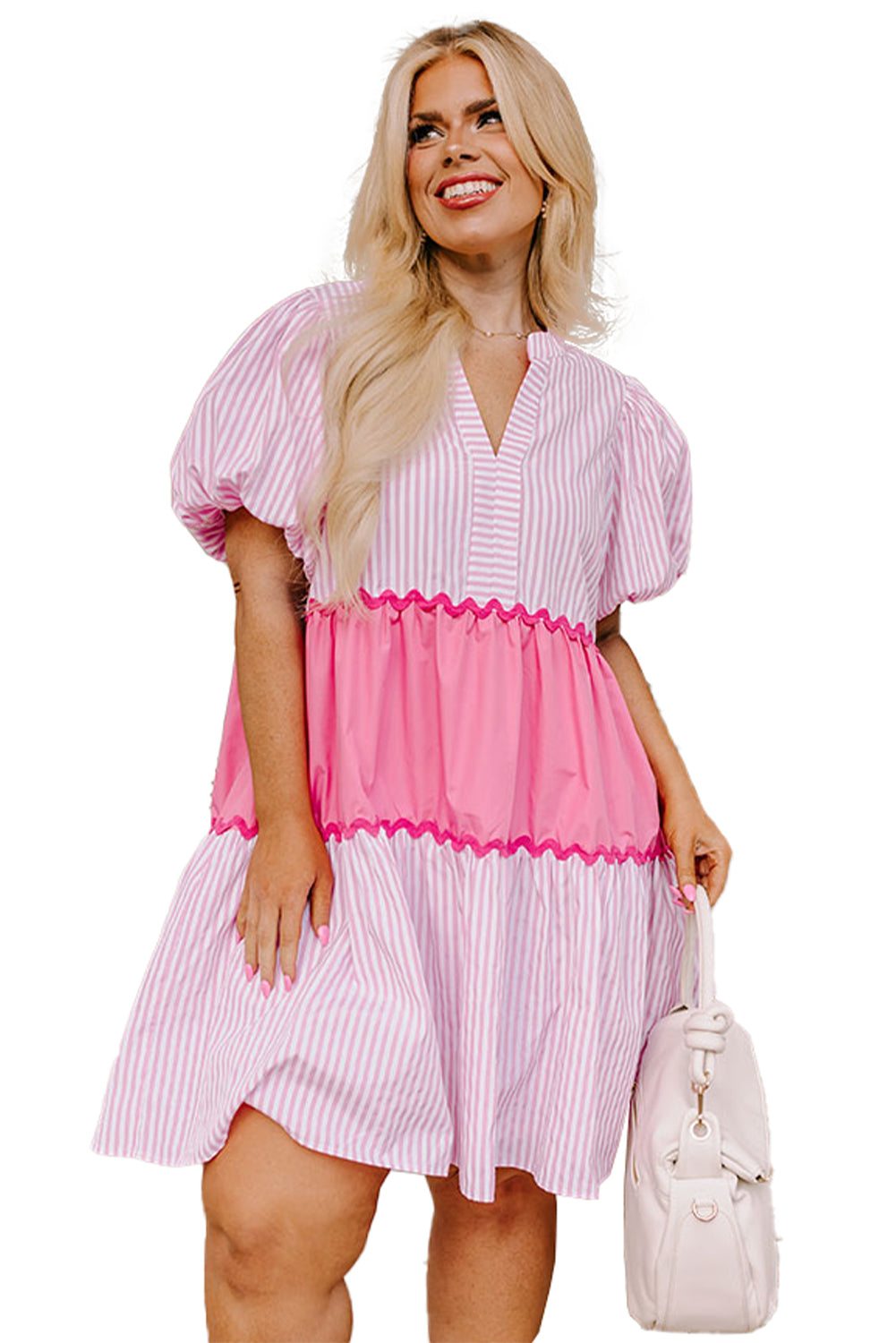 Pink Ric Rac Puff Short Sleeve Striped Flowy Plus Dress - Eloy Royal