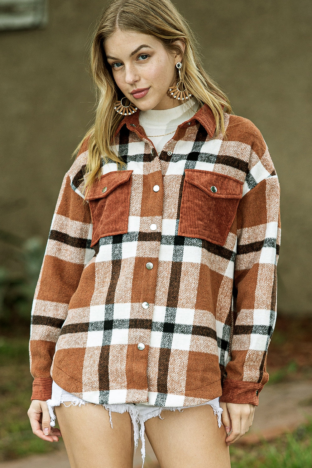 Brown Plaid Pocket Casual Buttons Up Shirt Shacket - Eloy Royal