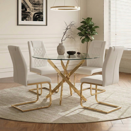 Round Glass Dining Table Set for 4, 35.5' Glass Dining Table with Gold Legs, Modern Kitchen Table for Home Kitchen(gold table and gold chairs)