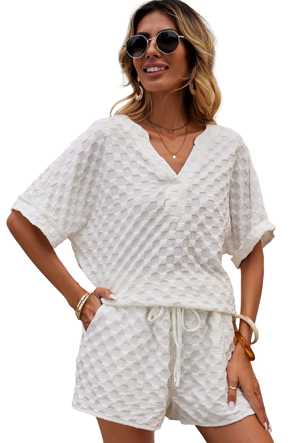 White Textured Split Neck Top and Drawstring Shorts Set - Eloy Royal