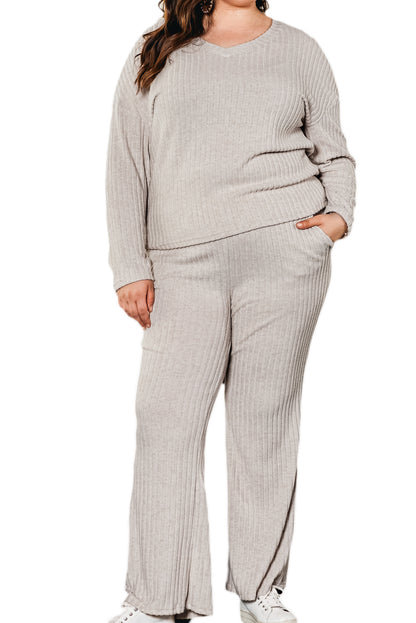 Parchment Plus Size Ribbed V Neck Pullover and Pants Set - Eloy Royal