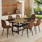 Table and chair set.71*35.4 inch Wooden And Black Spliced Dining Table With Storage Function In The Middle Of The Table Legs.Paired With 6 Technology-Fabric Brown Chairs With Black Metal Legs.