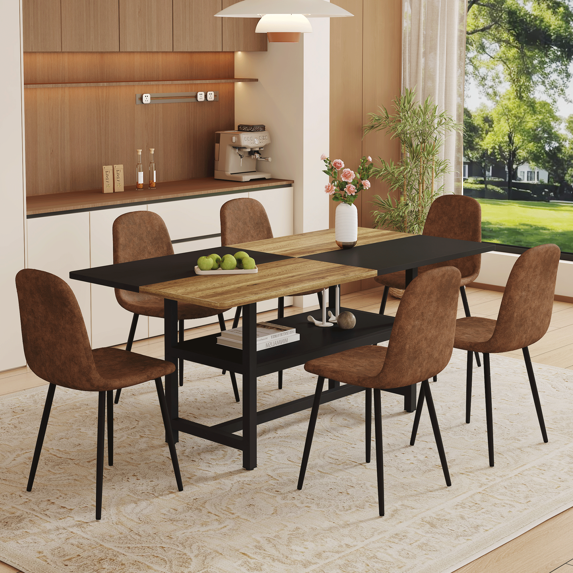 Table and chair set.71*35.4 inch Wooden And Black Spliced Dining Table With Storage Function In The Middle Of The Table Legs.Paired With 6 Technology-Fabric Brown Chairs With Black Metal Legs.